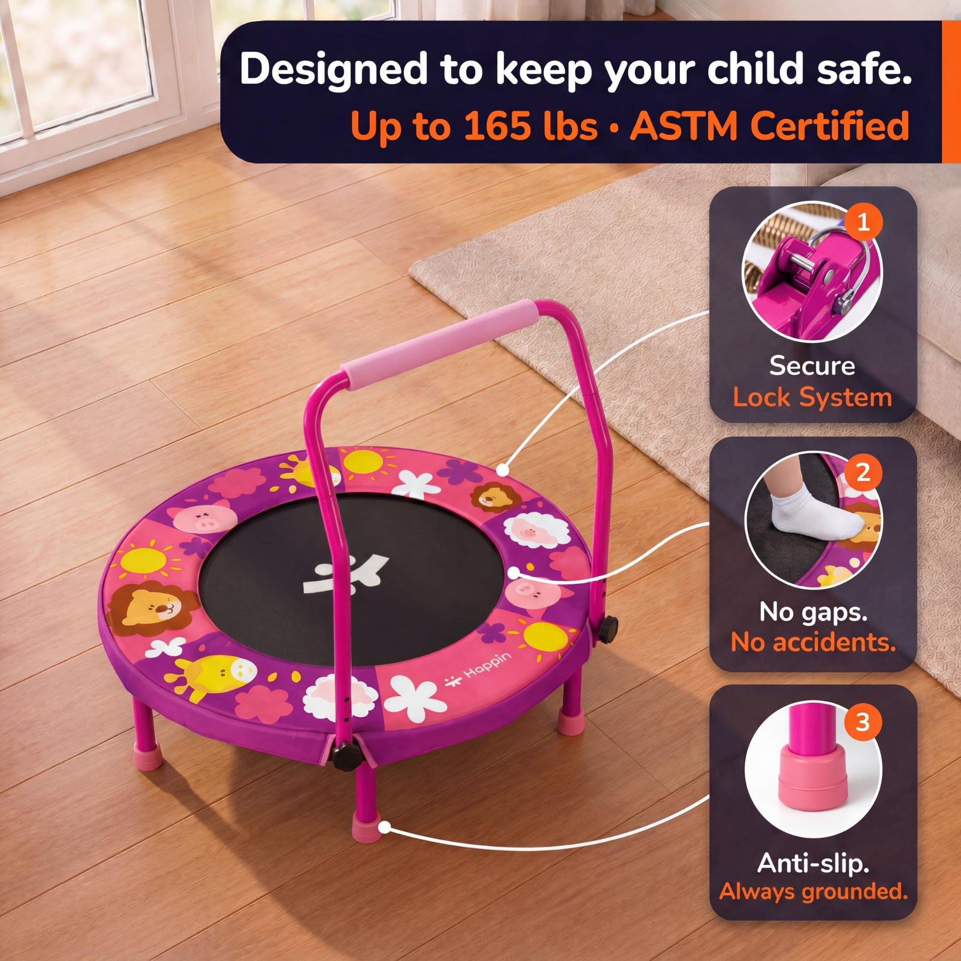 Happin® 36'' Toddler Trampoline Indoor, Foldable Mini Trampoline for Kids Ages 2-6, ASTM Certified