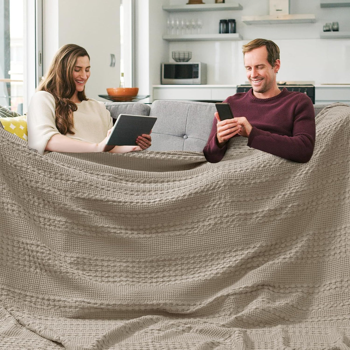 PHF 100% Cotton Waffle Blanket Oversized King 120"x120", Lightweight Breathable Extra Large 10'x10'
