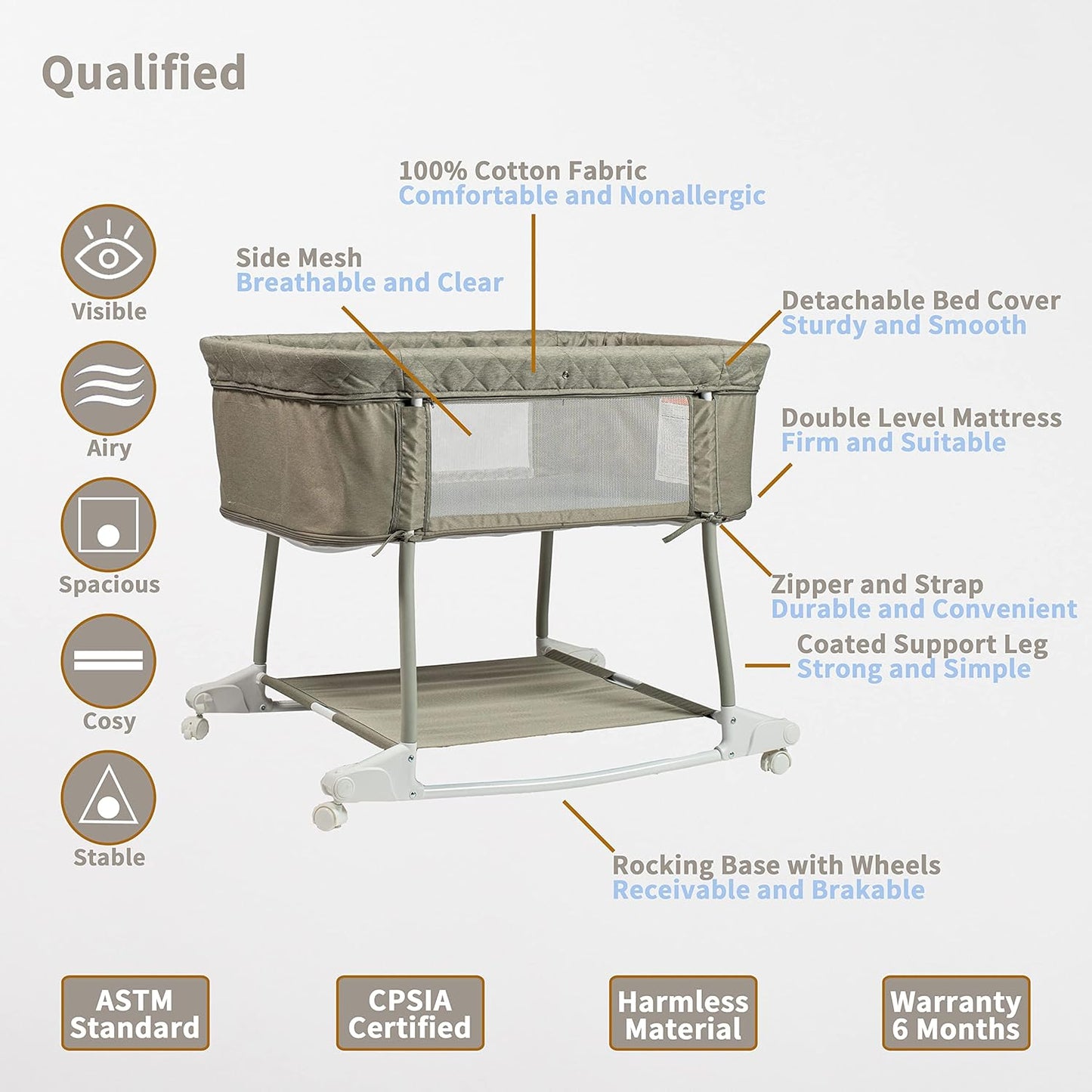 Newborn Portable Bassinet on Wheels for Baby 3 in 1 Bedside Sleeper Rocking Crib Playard with