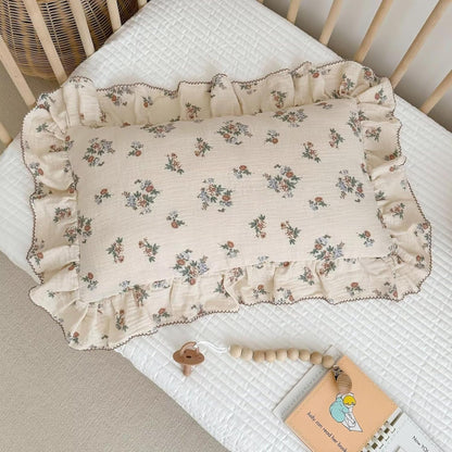 BuLuTu 2 Layers Muslin Toddler Pillowcases Fits for Crib Cot Cradle, Cotton Floral Pillow Cases for
