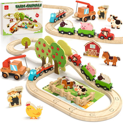 Lehoo Castle Farm Wooden Train Set, Wooden Train Tracks Set for Kids