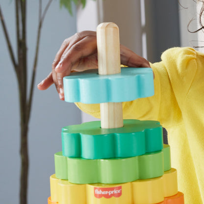 Fisher-Price Wood Toddler Toy Ring Stacker, 10-Piece Wooden Stacking Activity for Fine Motor Skills