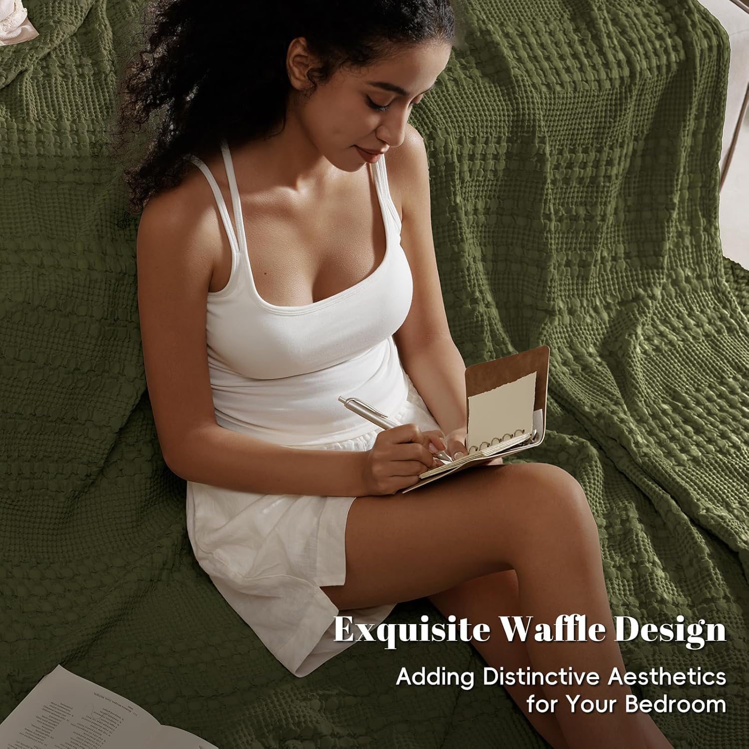 PHF 100% Cotton Waffle Weave Blanket Queen Size, Soft Lightweight Breathable Cozy Summer Blankets