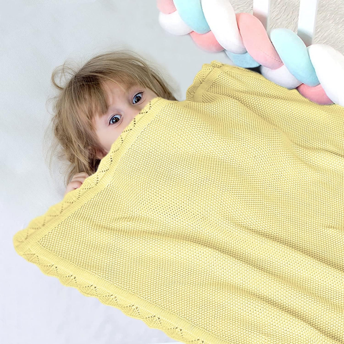100% Cotton Baby Blanket Knit Soft Warm Lace Toddler Newborn Nursery Blanket, 30 x 40 Inches, Lemon