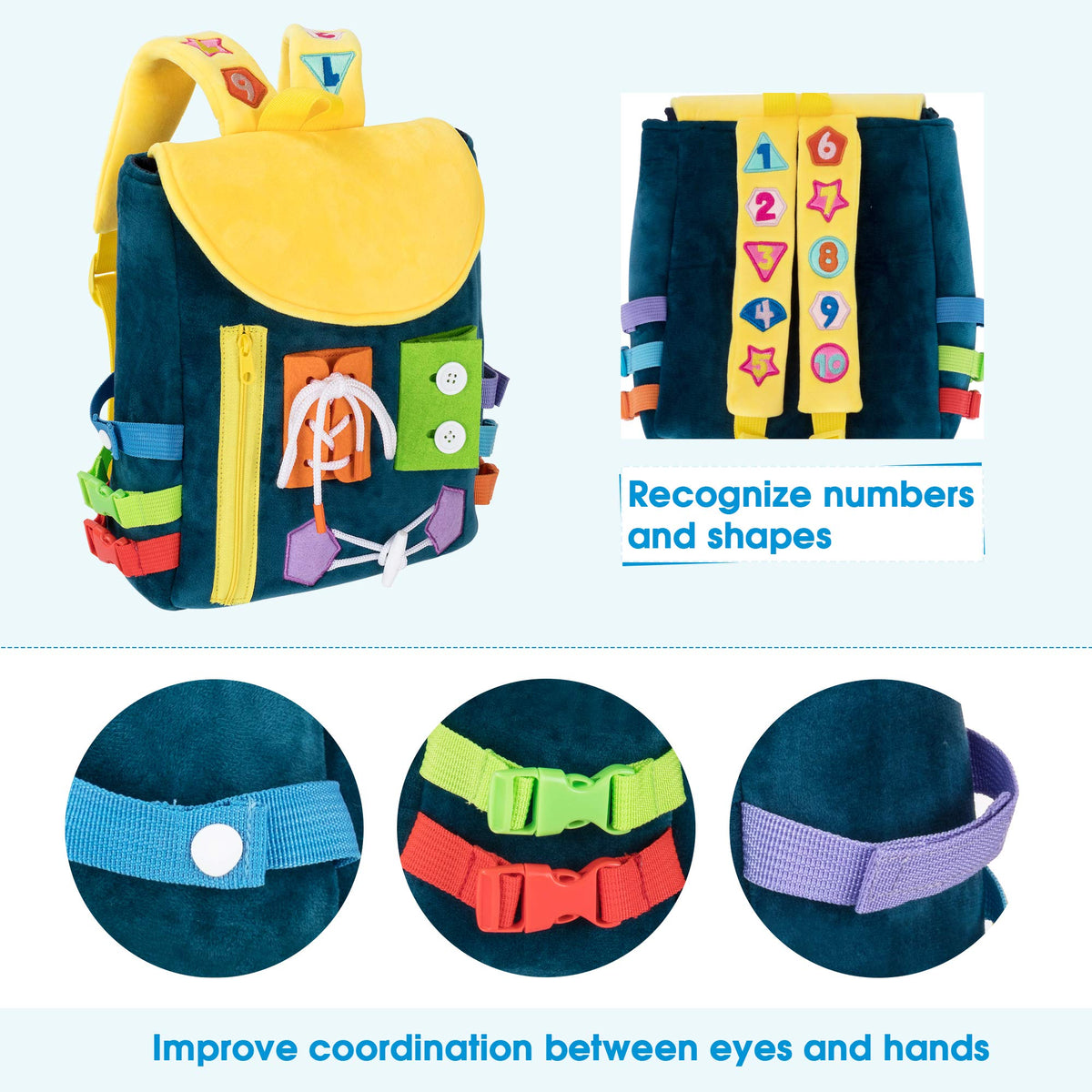 Busy Board - Toddler Backpack with Buckles and Learning Activity Toys - Develop Fine Motor Skills