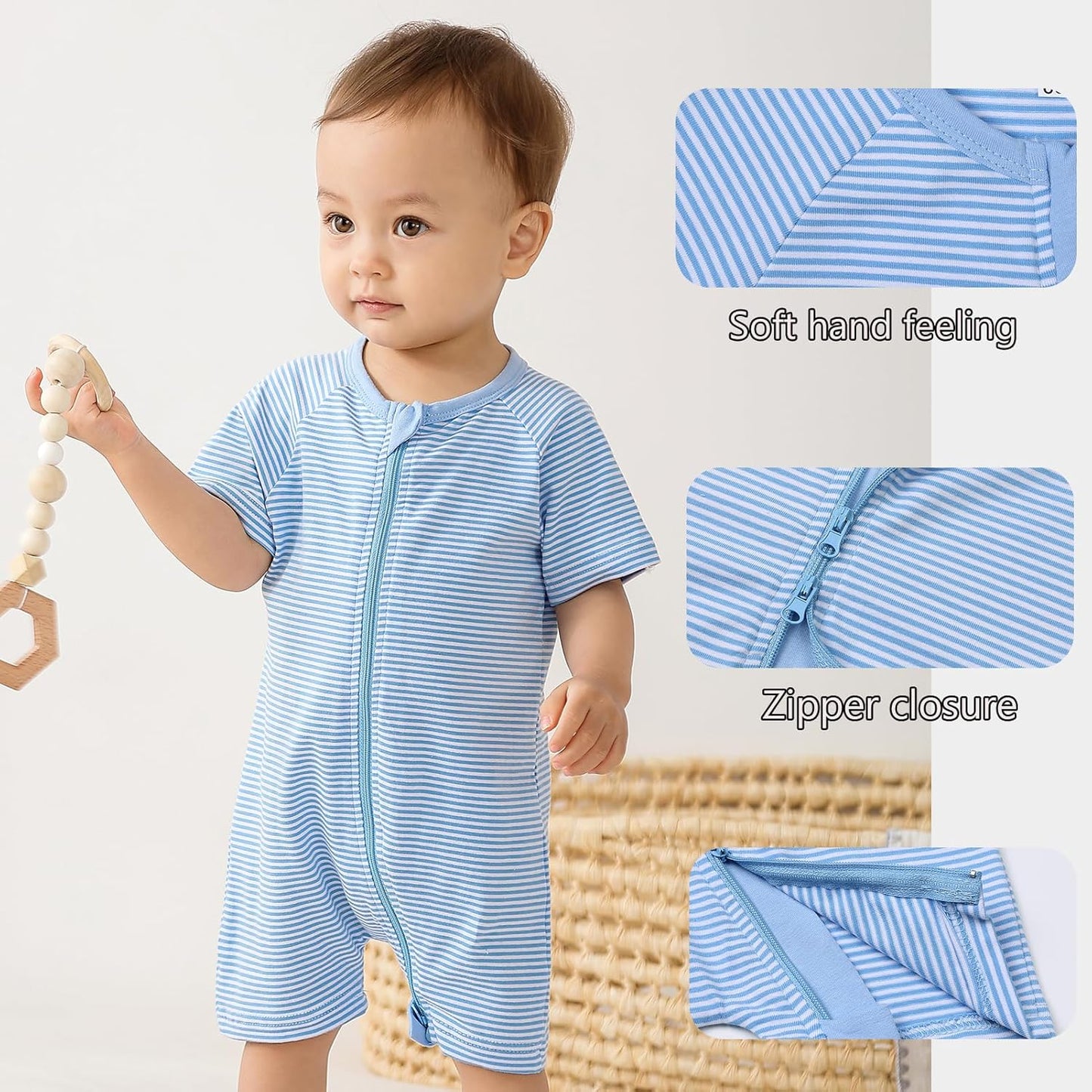 Feidoog Baby Boys 2Pack Rompers Summer Short Sleeve 2 Way Zipper One-Piece Romper Jumpsuit Sleep