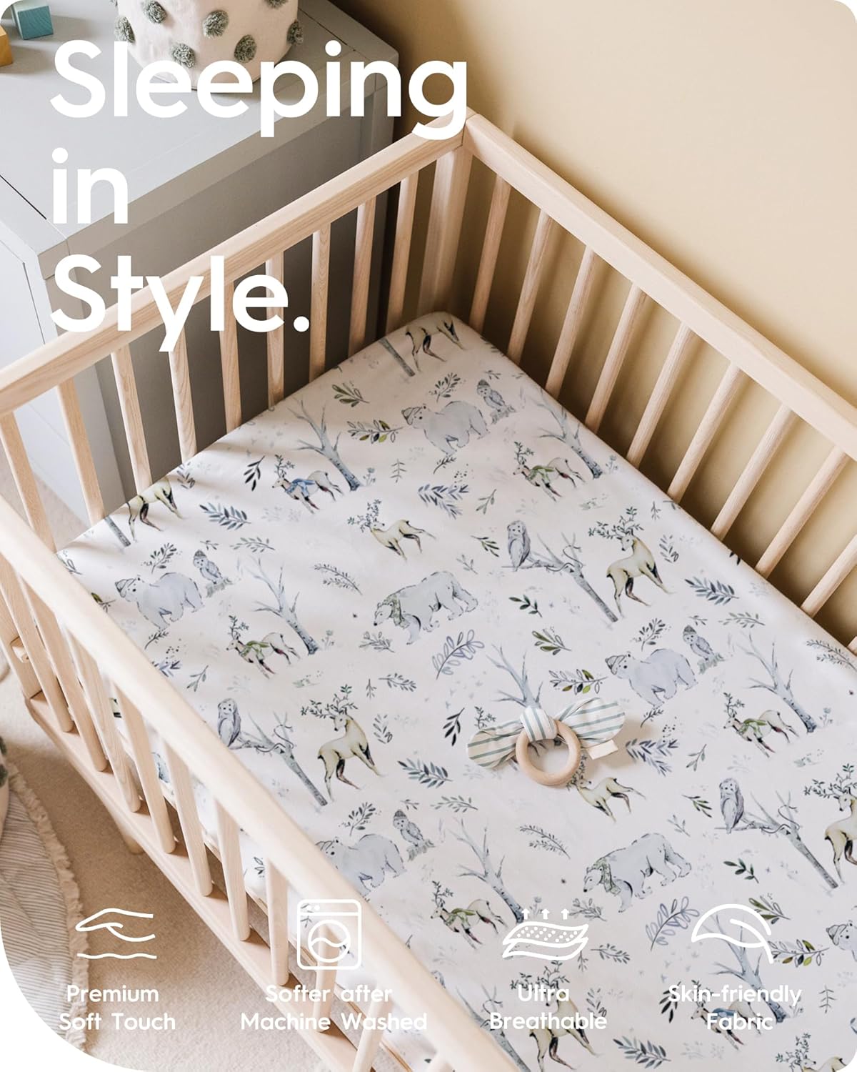 Ultra Soft Pack N Play Sheets - Fitted, Premium Jersey Knit, Stretchy Neutral, Woodland Mini Crib