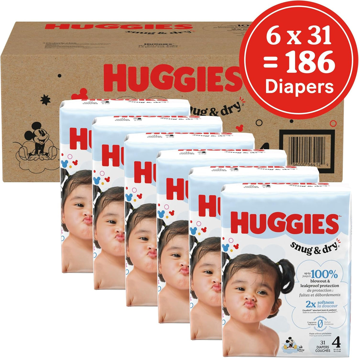 Huggies Size 4 Diapers, Snug & Dry Baby Diapers, Size 4 (22-37 lbs), 186 Count (6 Packs of 31)