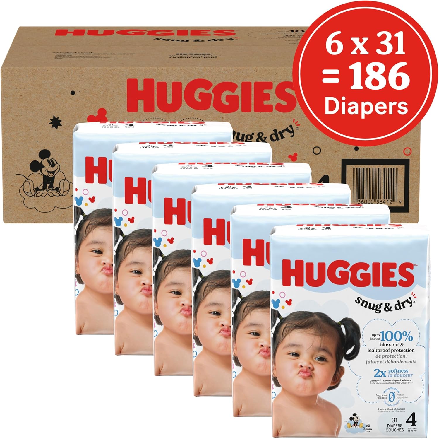 Huggies Size 4 Diapers, Snug & Dry Baby Diapers, Size 4 (22-37 lbs), 186 Count (6 Packs of 31)