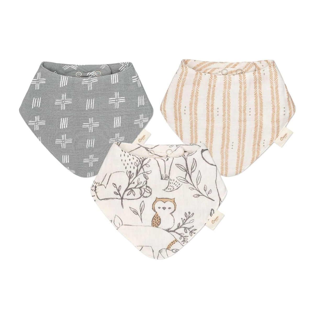 Crane Baby Bandana Bibs, Soft Muslin Adjustable Absorbent Bib Set, 3 Pack, 100% Cotton, Woodland