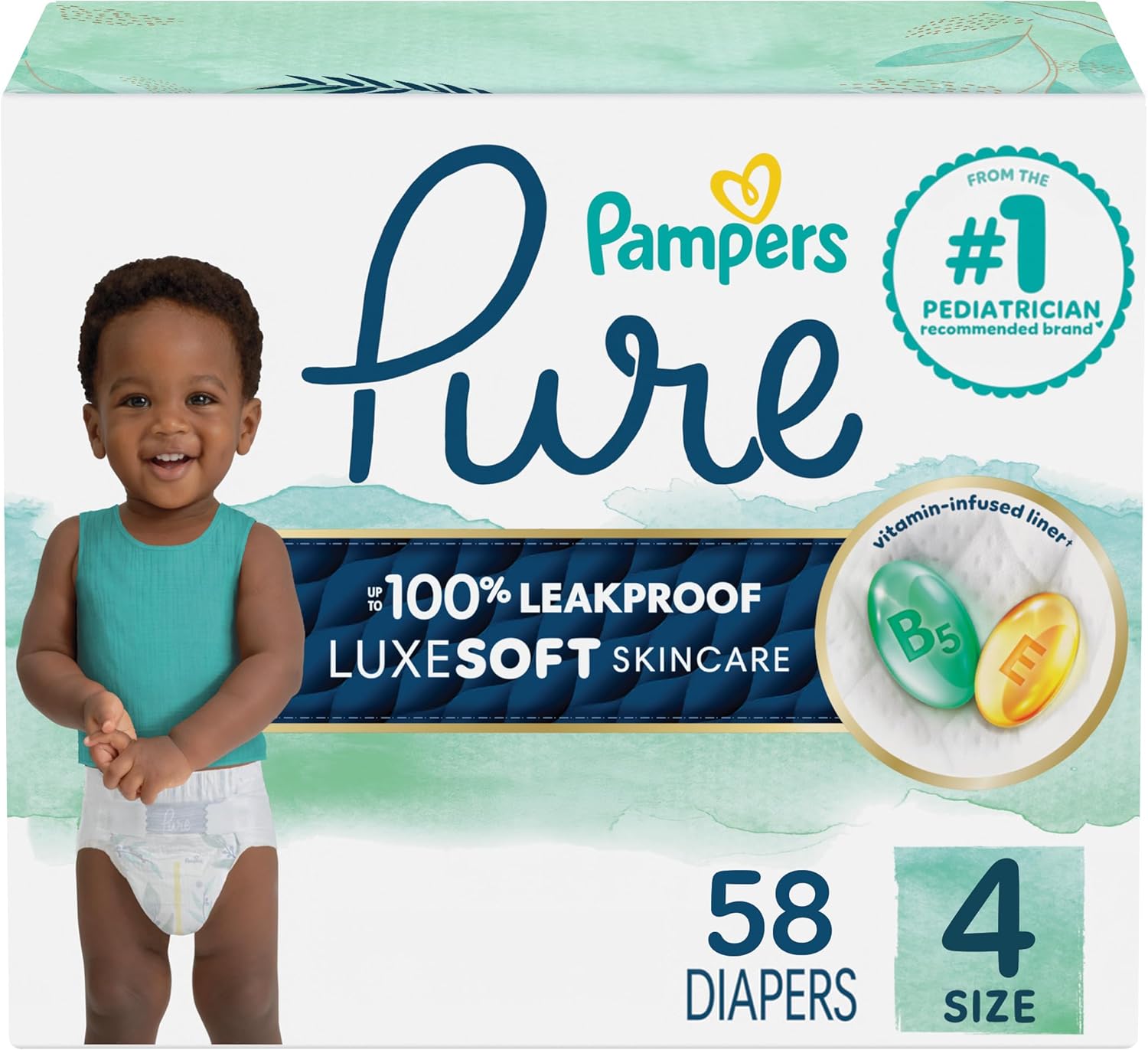 Pampers Pure Protection Baby Diapers, Size 4 (22-37 lbs), 58 Count, Up to 100% Leakproof, Premium