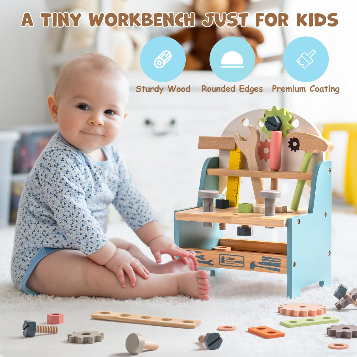 ROBUD Mini Wooden Play Tool Workbench Set for Kids Toddlers - Montessori Toys for 3 4 5 Years Old
