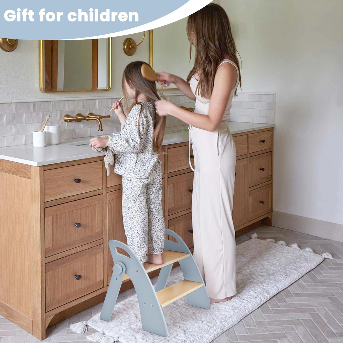 Reeple Wooden 2 Step Stool for Toddlers, Foldable 2-Step with Non-Slip Pads and Handles, Bamboo
