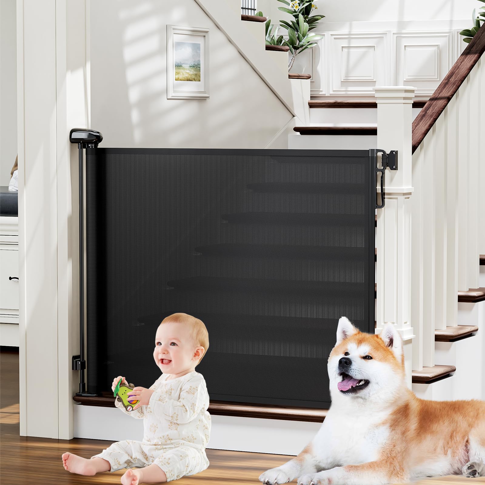 PRObebi Retractable Baby Gates for Stairs & Doorways, Dog Gate 0-54" W × 34" H, Black