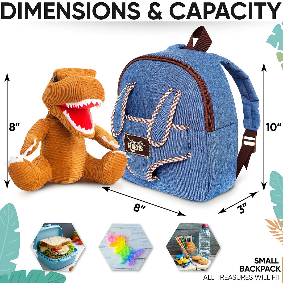 Naturally KIDS Toddler Backpack w. Plush Dinosaur Toy, Kids Gift 2 3 4 5