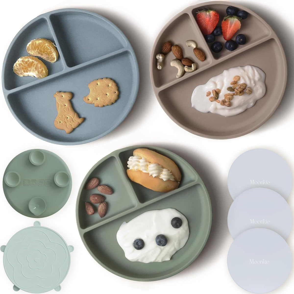Moonkie Suction Plates for Baby | 100% Silicone BPA-Free Baby Plates with Lids and Food Cover |