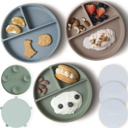 Moonkie Suction Plates for Baby | 100% Silicone BPA-Free Baby Plates with Lids and Food Cover |