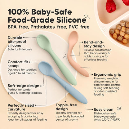 KeaBabies Silicone Baby Spoons, Self Feeding 6-12 months - 3-Pack Baby Weaning Eating Utensils