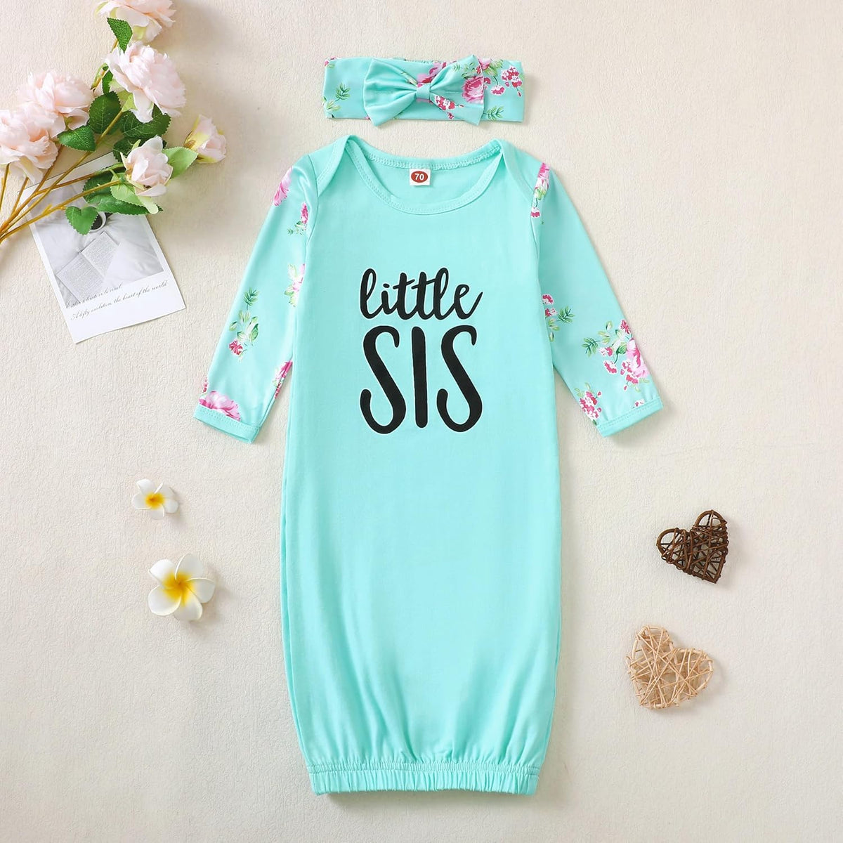AMAWMW Newborn Baby Girl Little Sister Sleeper Gown Stripe Long Sleeve Nightgown Pajamas Gifts