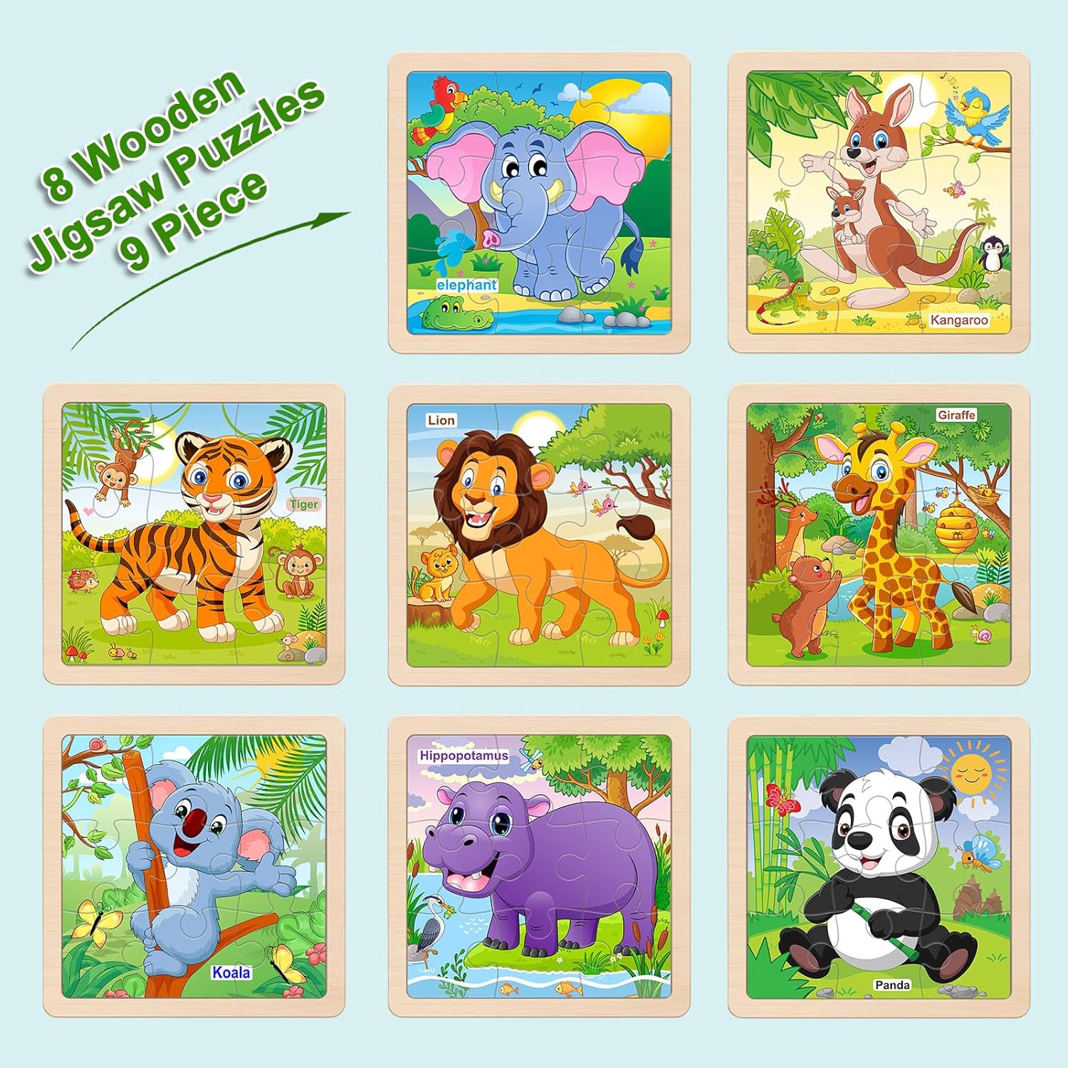 Wooden Puzzles for Toddlers 2-4, 9 Pieces Animal Jigsaw Puzzles for Kids Ages 3-5, Preschool