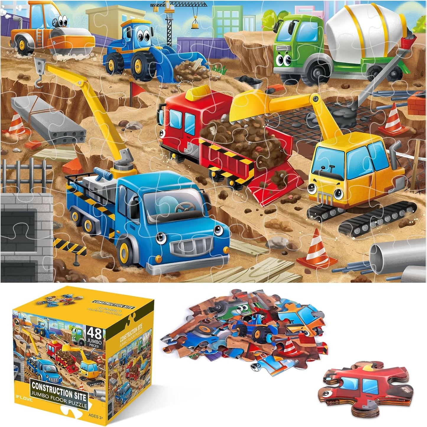 Jumbo Floor Puzzle for Kids,Construction Site Jigsaw Large Puzzles,48 Piece Construction Vehicle