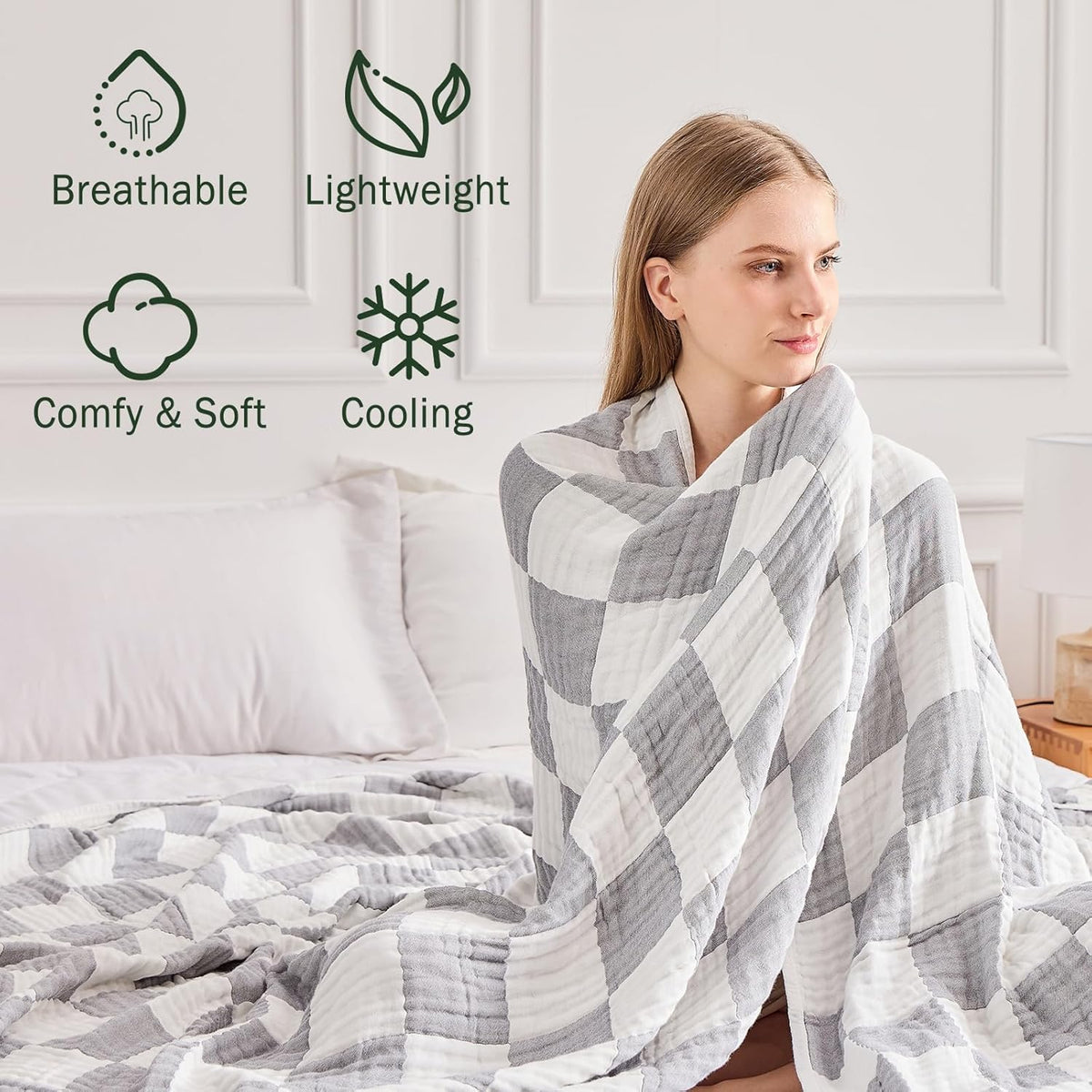 EMME Checkered Throw Blanket Cotton for Couch Soft Muslin Blankets 50"x60" Lightweight Breathable