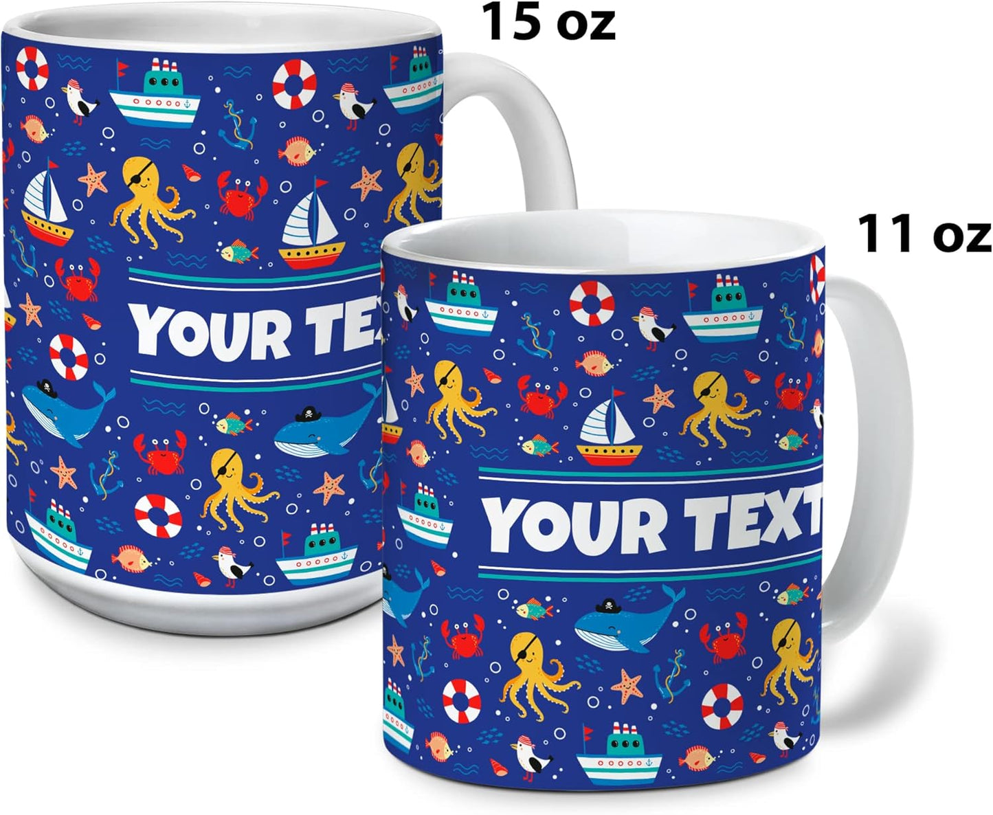 Personalized Mug for Kids - Nautical - Custom Name/Text, Ceramic Hot Chocolate/Cocoa/Coffee Cup for