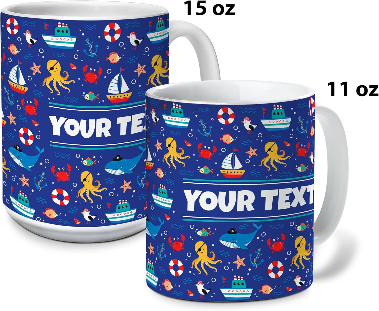 Personalized Mug for Kids - Nautical - Custom Name/Text, Ceramic Hot Chocolate/Cocoa/Coffee Cup for