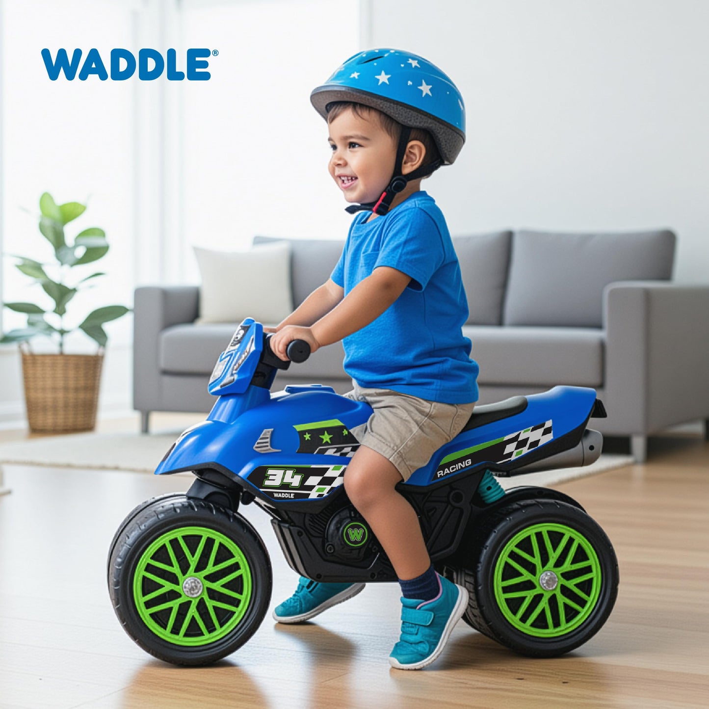 Waddle Kids Motorcycle Balance Bike - Toddler Ride on Toys w/Sounds, Wide Wheel Base, Rubber Coated