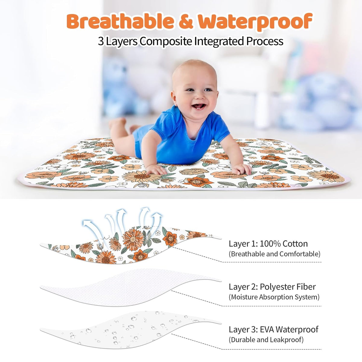 Diaper Changing Pads for Baby, Flower Change Mat, 3Layers Waterproof Change Pad Foldable Absorbent