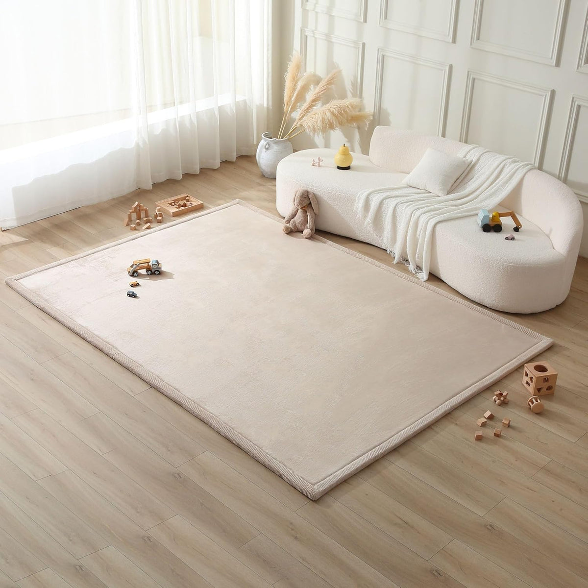 Premium Baby Playmat for Floor 80" x 110" Beige – Cloudsoft Coral Velvet Memory Foam Rug for