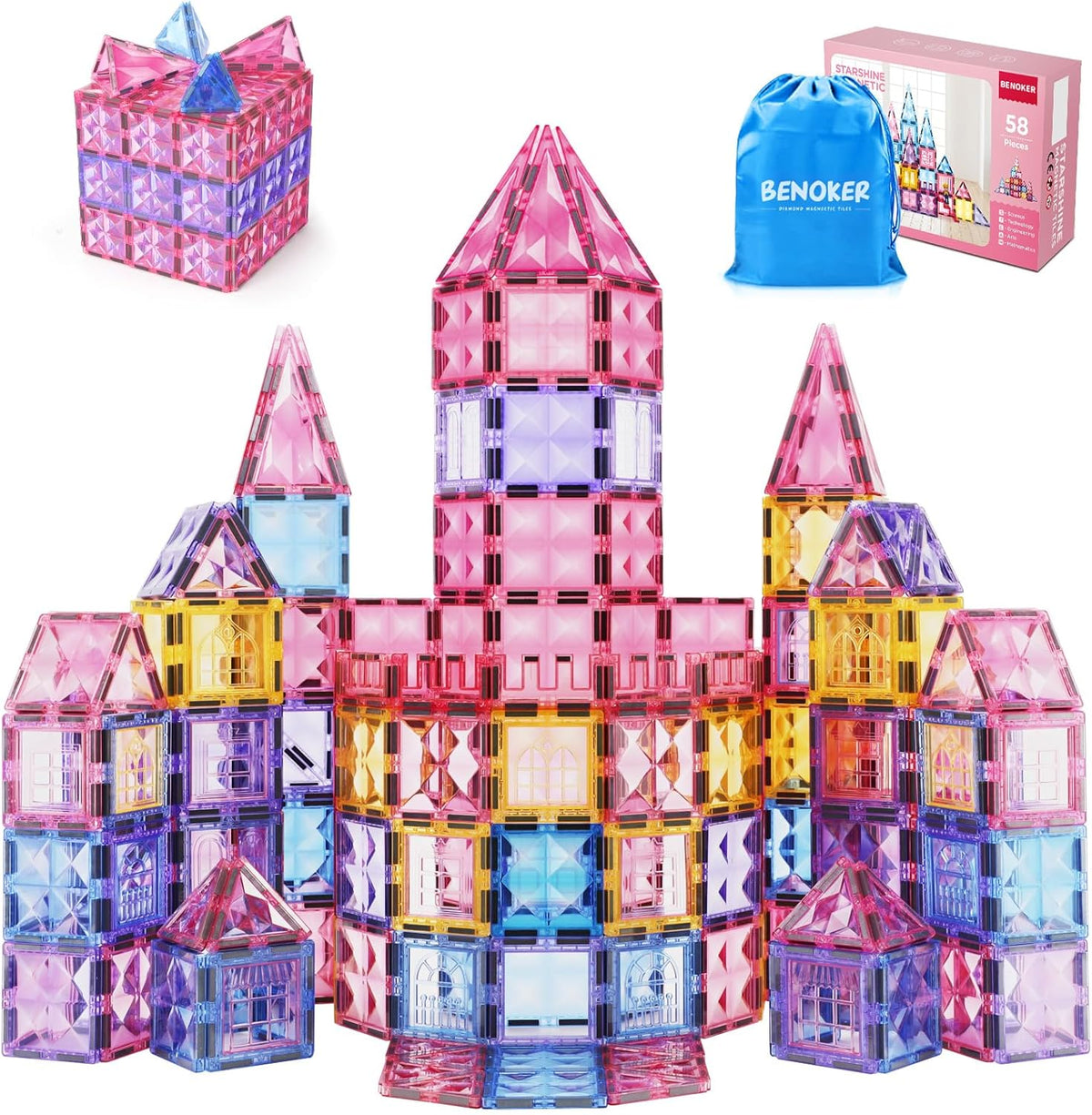 Pink Castle Magnetic Tiles for Kids Ages 3-8, 3D STEM Toys with Sparkling Building Blocks, Creative