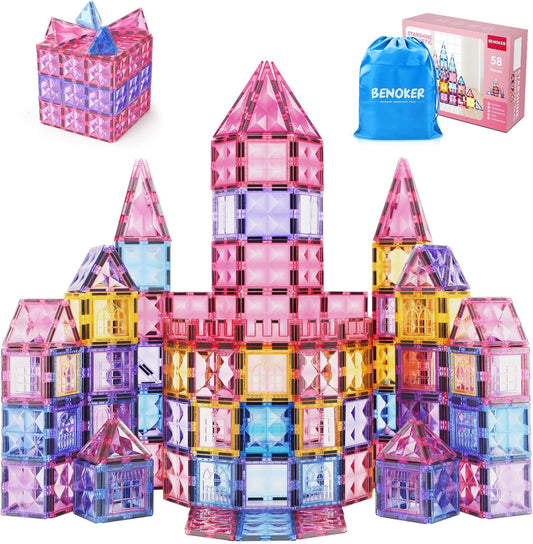 Pink Castle Magnetic Tiles for Kids Ages 3-8, 3D STEM Toys with Sparkling Building Blocks, Creative