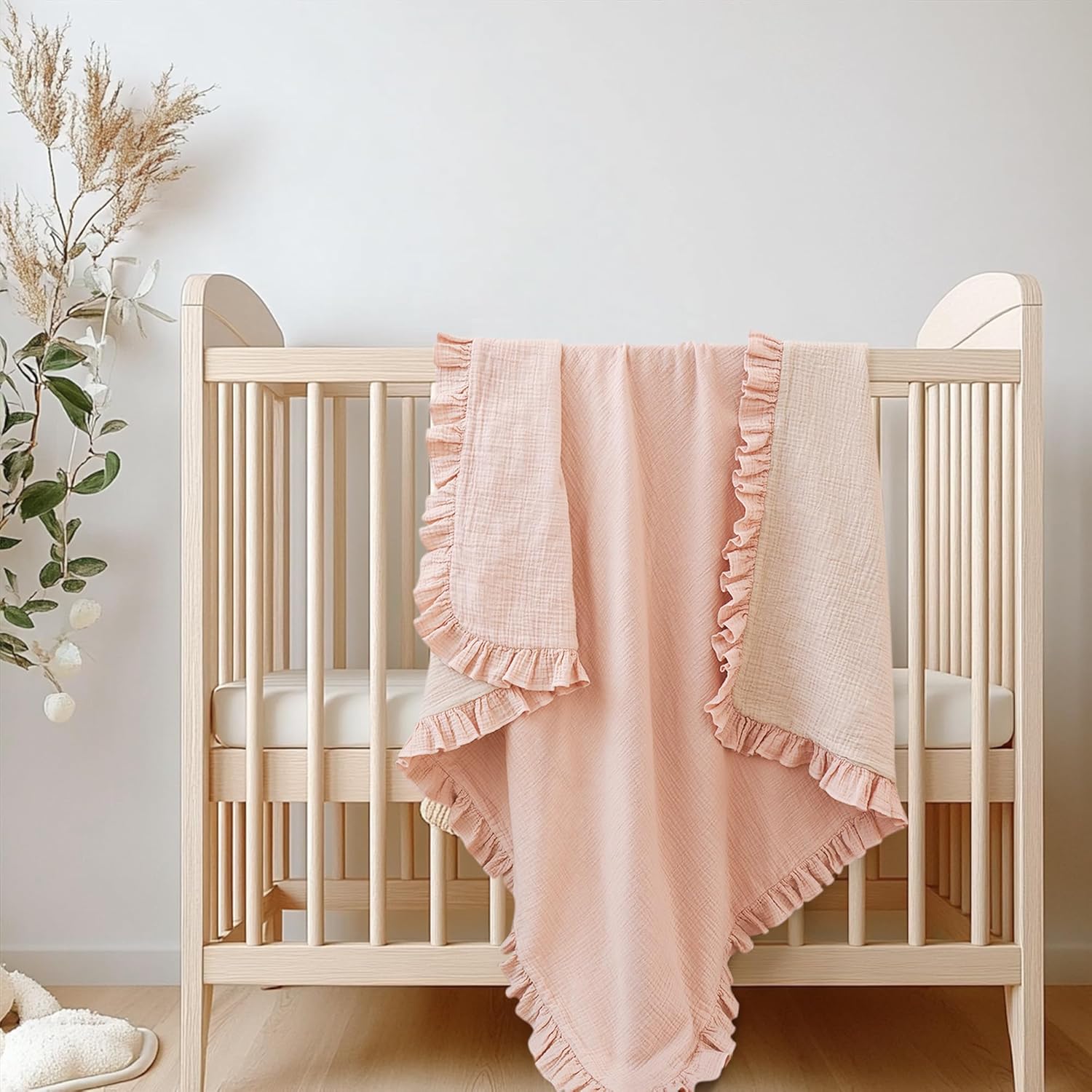 Konssy Flounce Muslin Baby Blankets, Cotton Crib Blanket for Baby Infant Toddler, Super Soft and