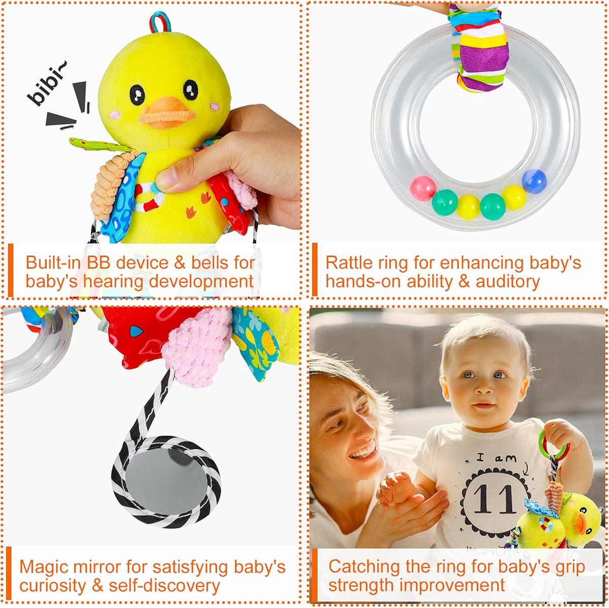 Baby Stroller Car Seat Toys for Infant with Teether Hanging Rattle, Clip on Stroller, Soft Plush