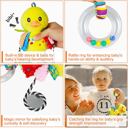 Baby Stroller Car Seat Toys for Infant with Teether Hanging Rattle, Clip on Stroller, Soft Plush