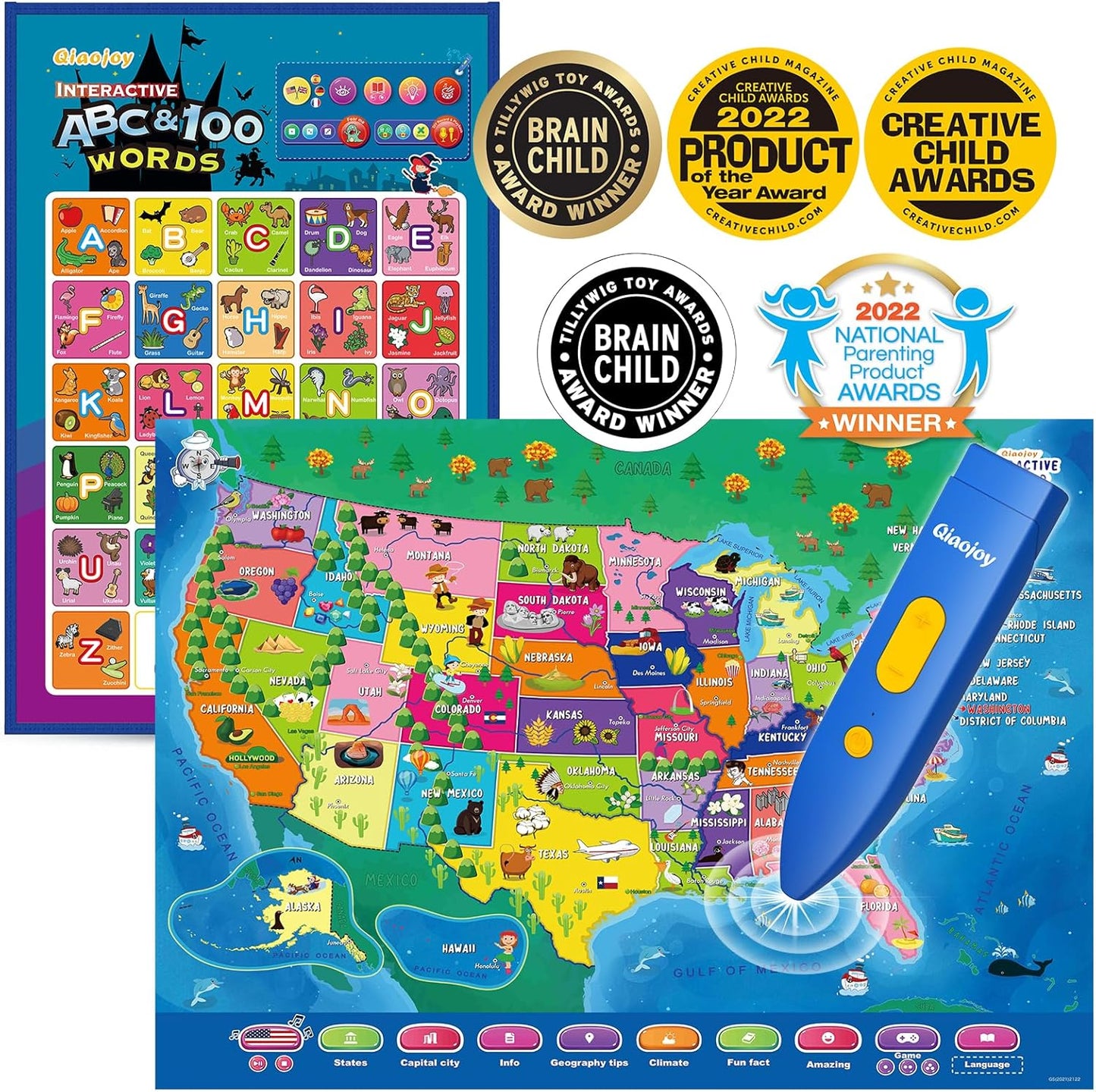 Bilingual Interactive for Kids Talking USA Map Alphabet Poster for Toddlers Learning and