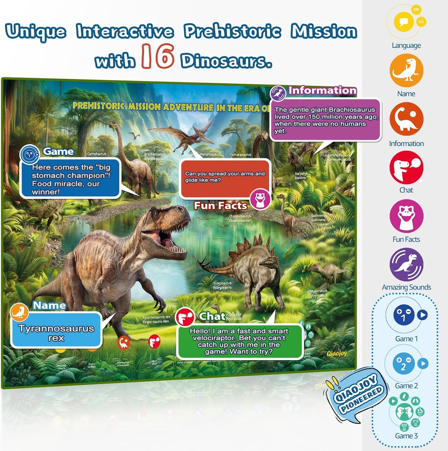 Bilingual Interactive for Kids Talking Dinosaur Space Poster for Kids Learning and Educational