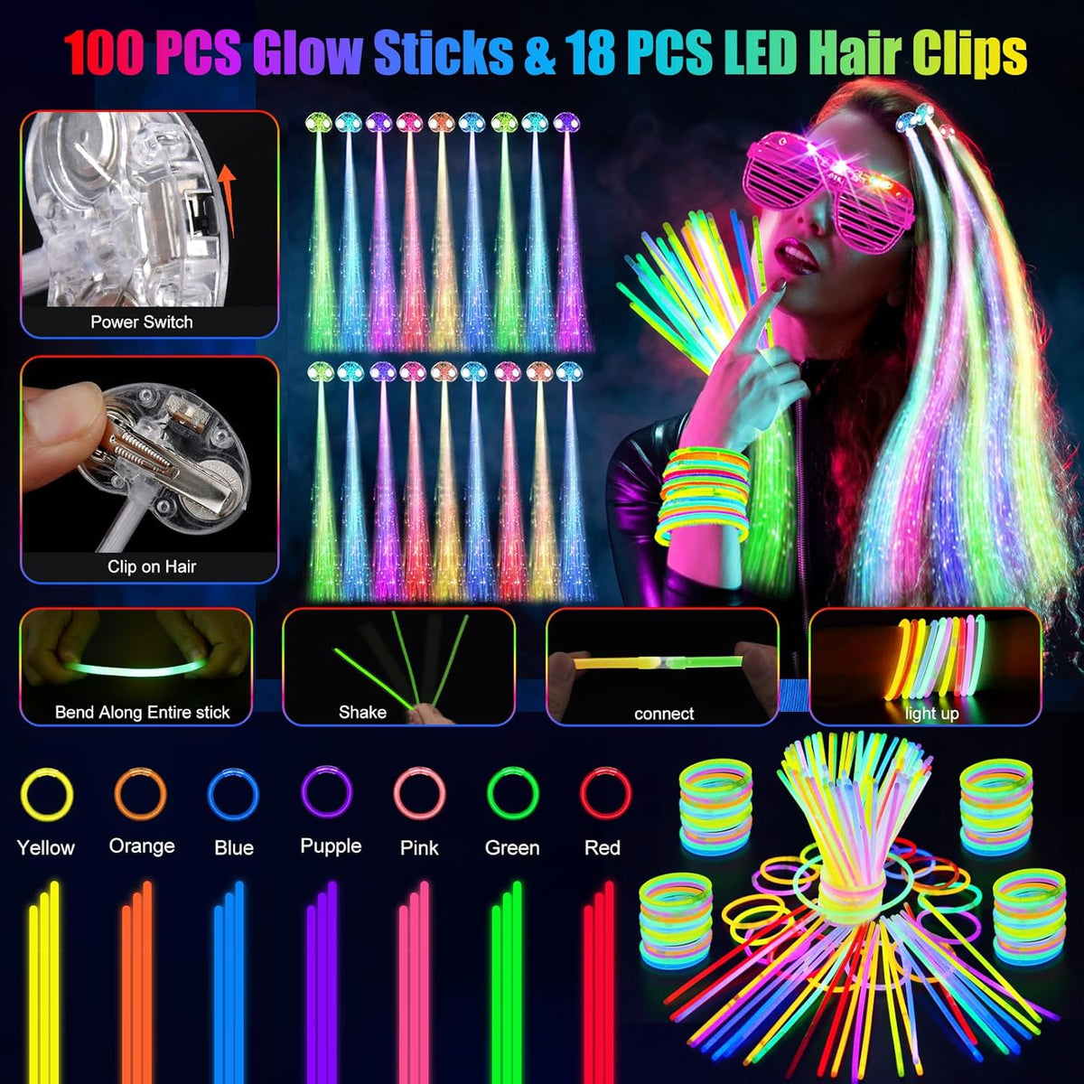 148 PCS Glow in the Dark Party Supplies, 16 PCS Glow Fiber Optic Wands, 14 PCS LED Glasses, 100 PCS