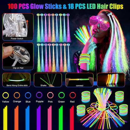 148 PCS Glow in the Dark Party Supplies, 16 PCS Glow Fiber Optic Wands, 14 PCS LED Glasses, 100 PCS