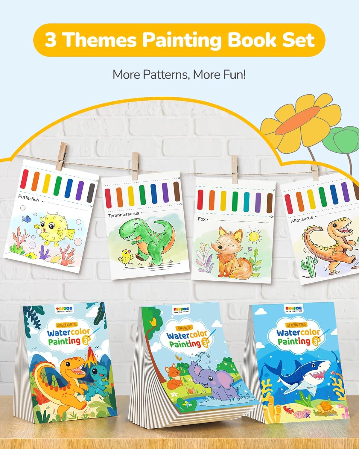 TECJOE 3 Pack Paint With Water Coloring Books for Toddlers, Watercolor Paint Set with 6 Brushes