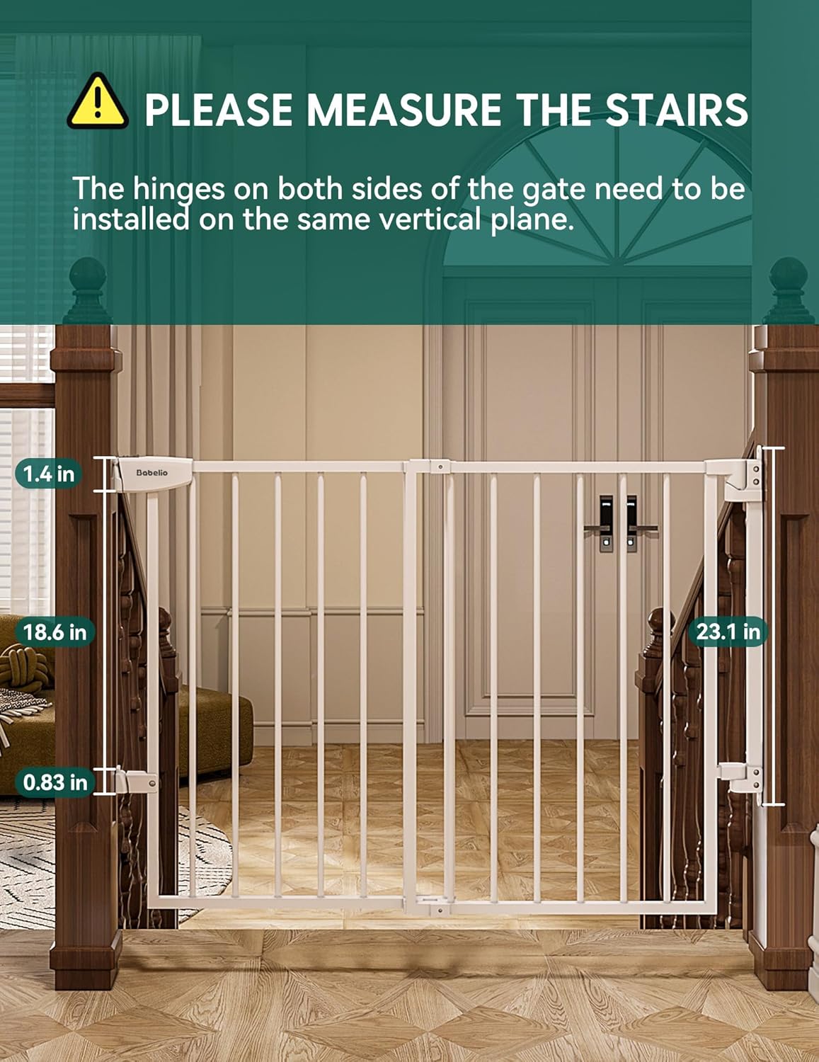 Babelio 29.7-46.5" No Bottom Bar Baby/Dog Gate for Stairs, House and Doorways, Auto Close Safety