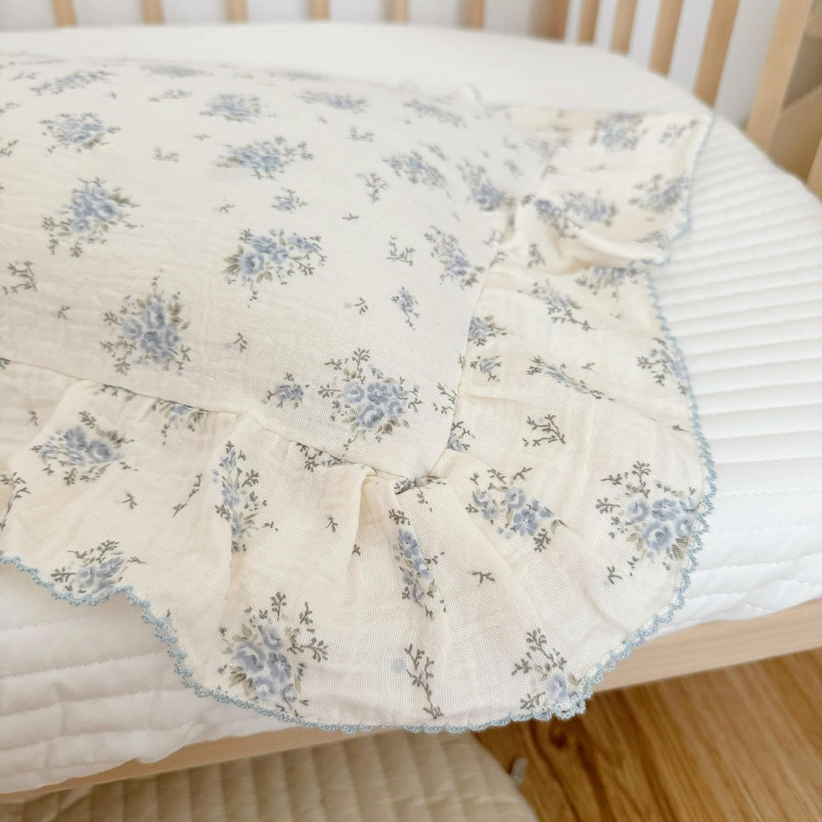 BuLuTu Cotton Muslin Toddler Pillowcases with Blue Flowers Print Soft Breathable Gauze Small Pillow