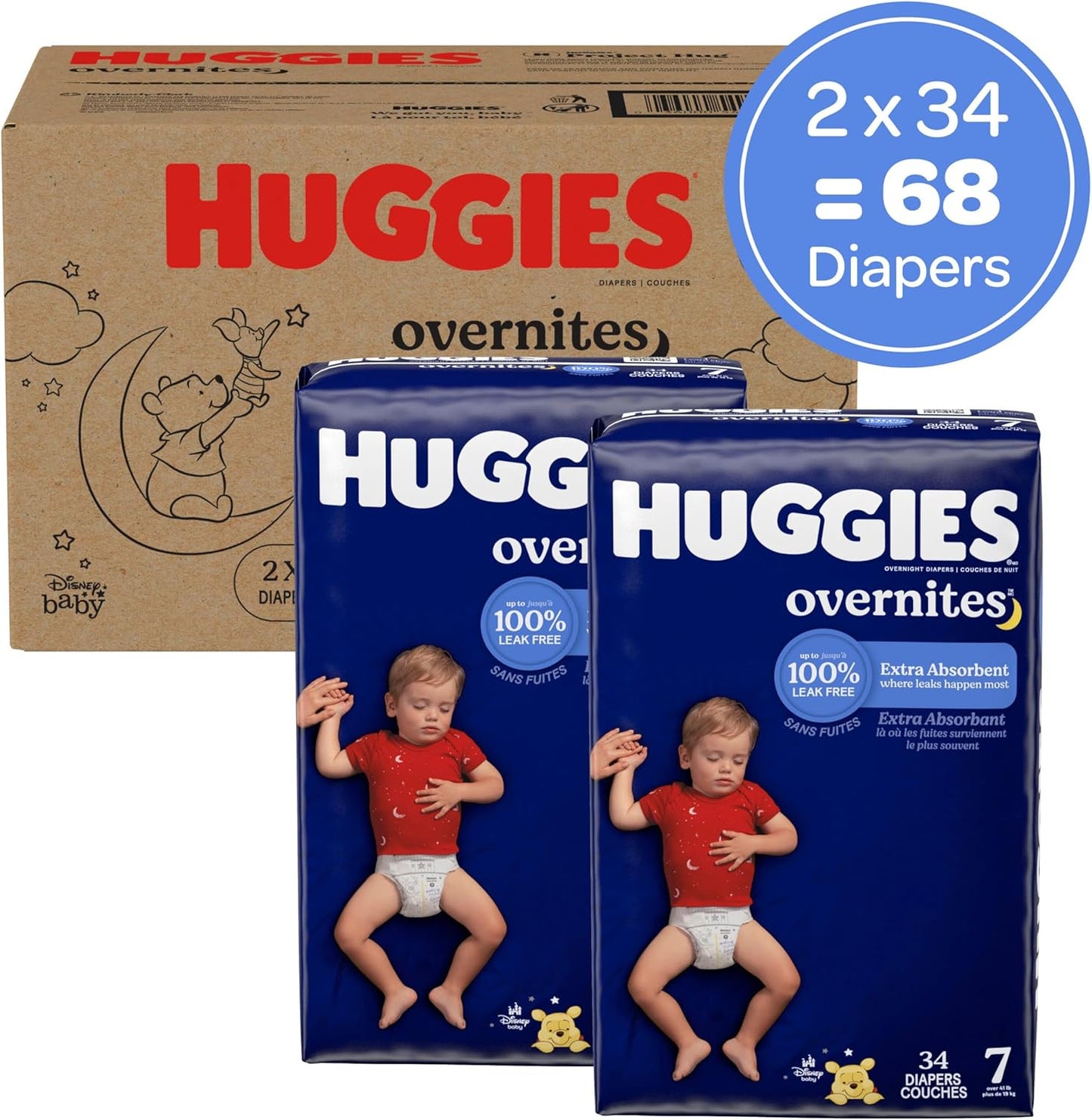 Huggies Size 7 Overnites Baby Diapers: Overnight Diapers, Size 7 (41+ lbs), 68 Ct (2 Packs of 34)