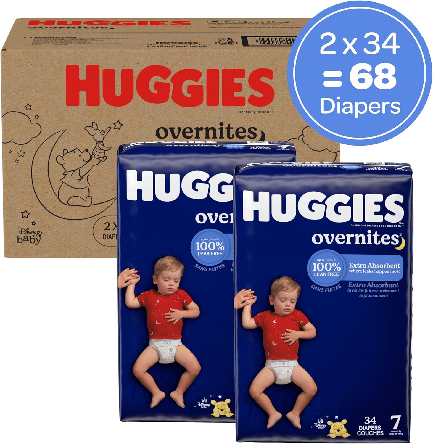 Huggies Size 7 Overnites Baby Diapers: Overnight Diapers, Size 7 (41+ lbs), 68 Ct (2 Packs of 34)