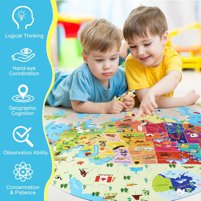 United States Puzzle 70 Pieces USA Map Floor Jigsaw Puzzles for Kids Ages 4-10, Jumbo Round US