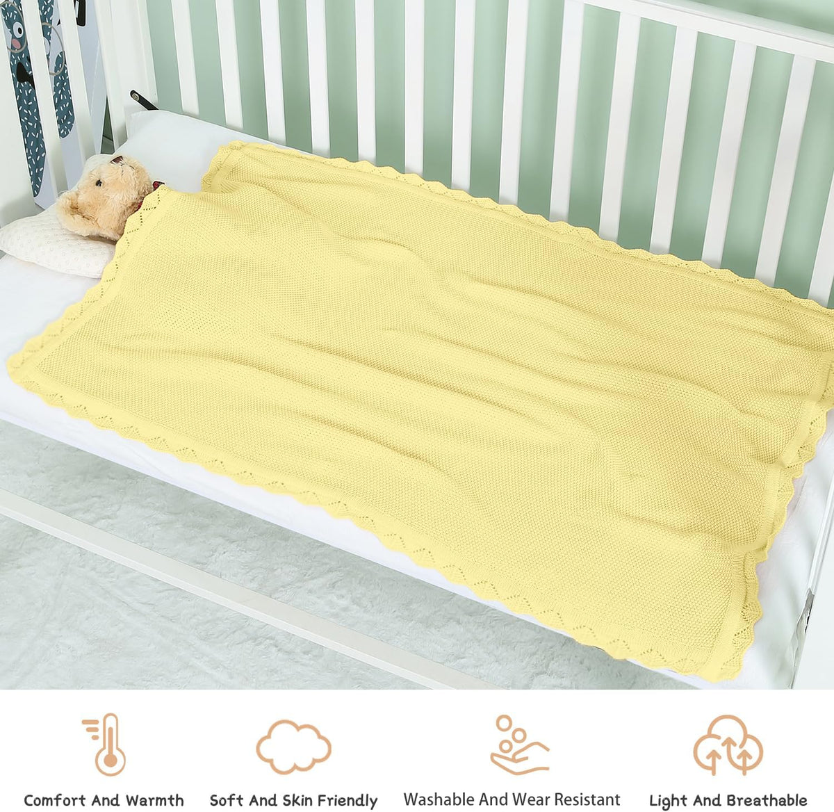 100% Cotton Baby Blanket Knit Soft Warm Lace Toddler Newborn Nursery Blanket, 30 x 40 Inches, Lemon