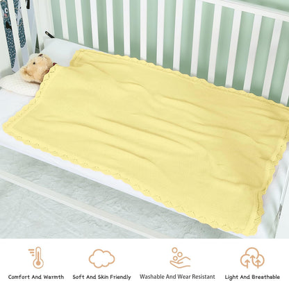 100% Cotton Baby Blanket Knit Soft Warm Lace Toddler Newborn Nursery Blanket, 30 x 40 Inches, Lemon