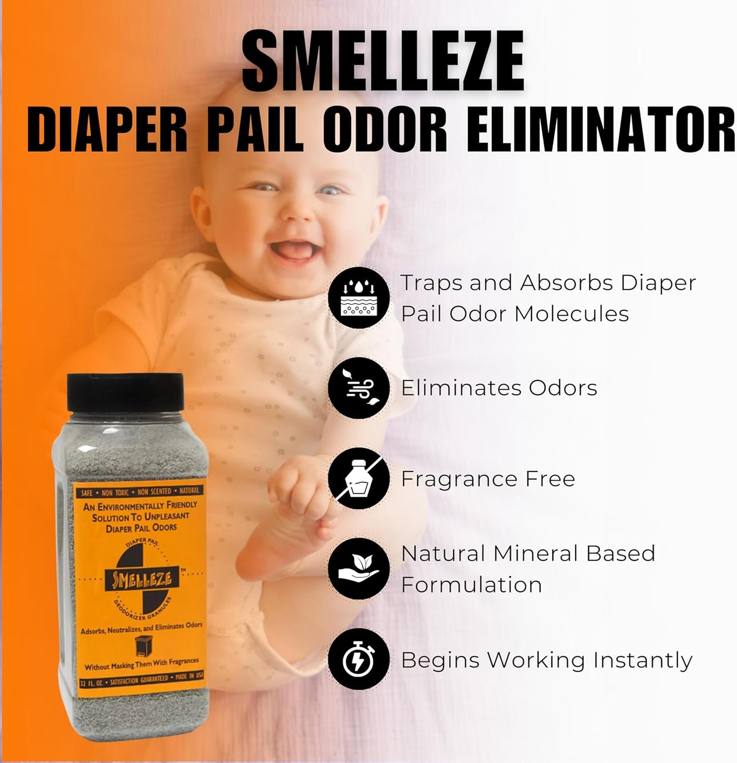 SMELLEZE Diaper Pail Deodorizer, Odor Eliminator for Diaper Pail, Baby Poop Deodorizer & Human