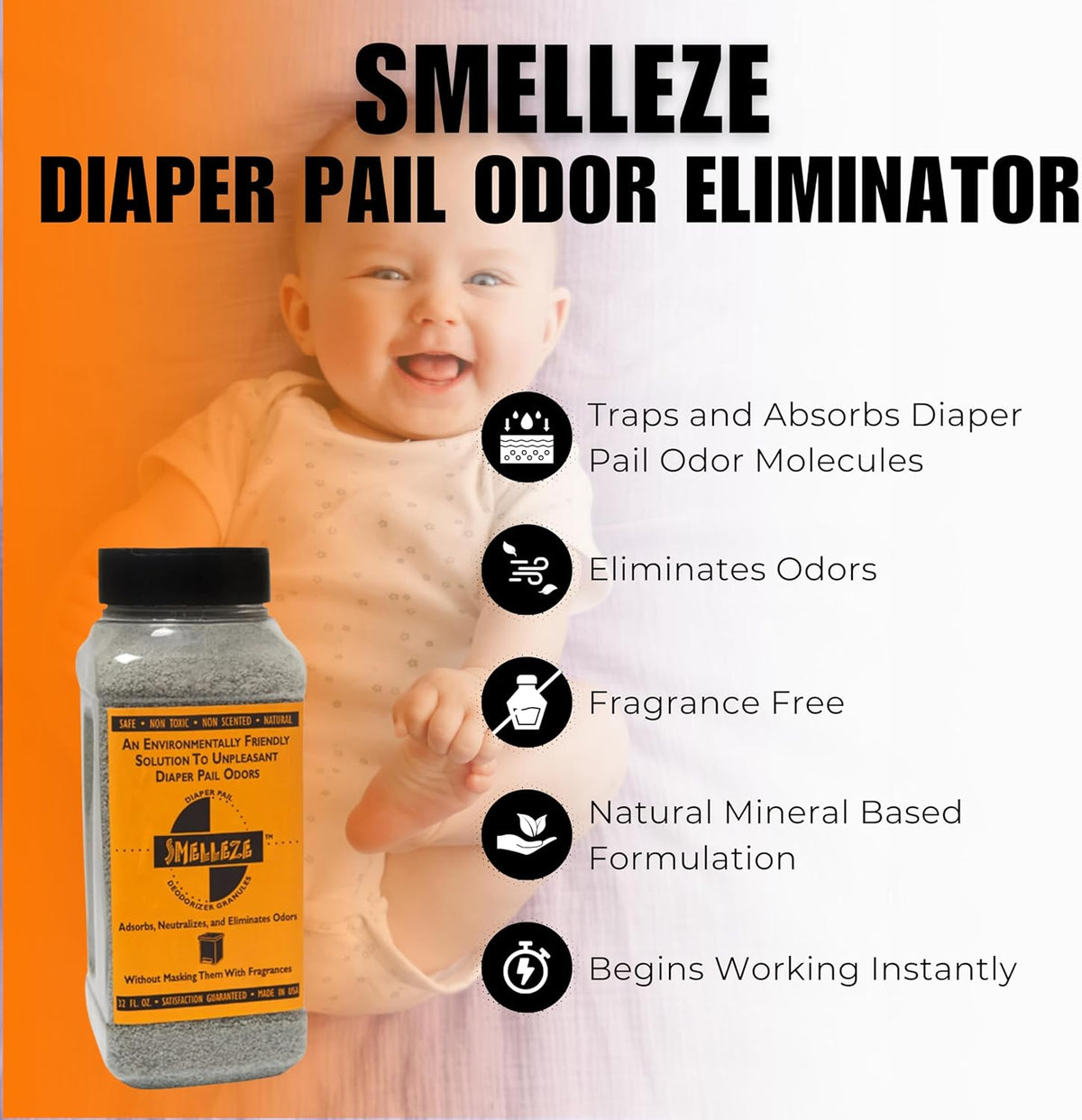 SMELLEZE Diaper Pail Deodorizer, Odor Eliminator for Diaper Pail, Baby Poop Deodorizer & Human